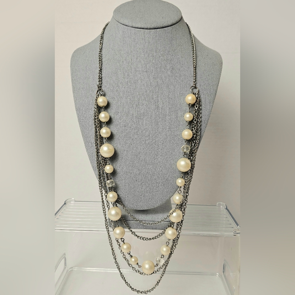 [Statement Necklace] Multi Layer Silver Tone Chain & Faux Pearls